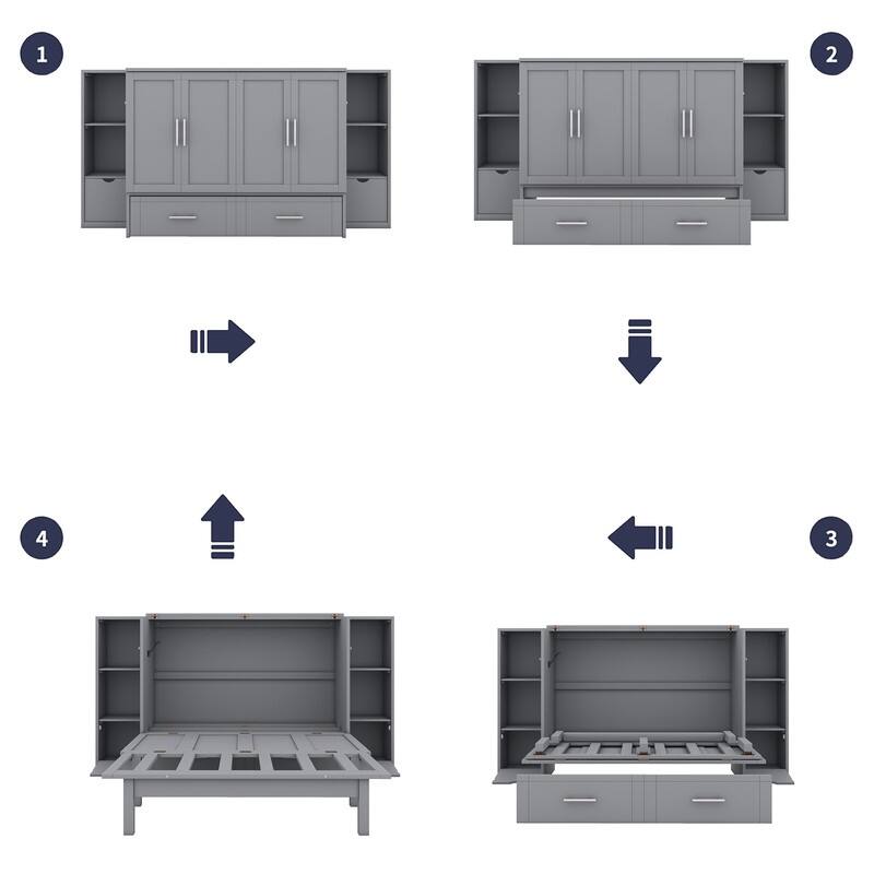 Murphy Bed with Shelves, Drawers and USB Ports,Gray