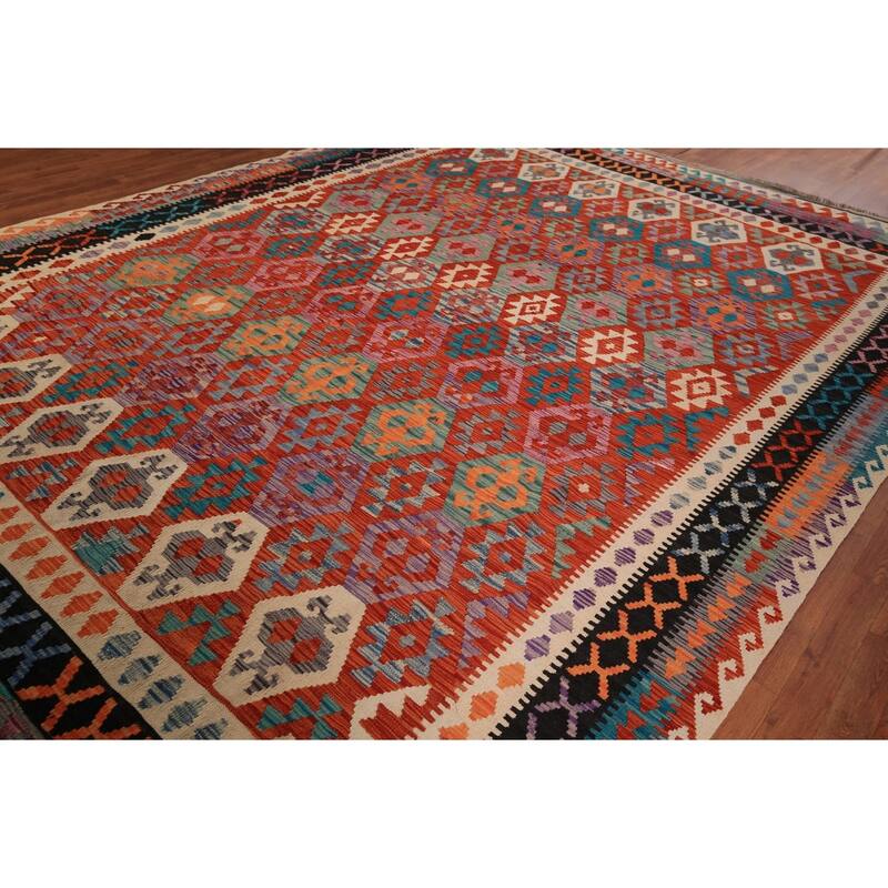 South Western Kilim Area Rug Hand-Woven Wool Carpet - 9'8" x 13'3"