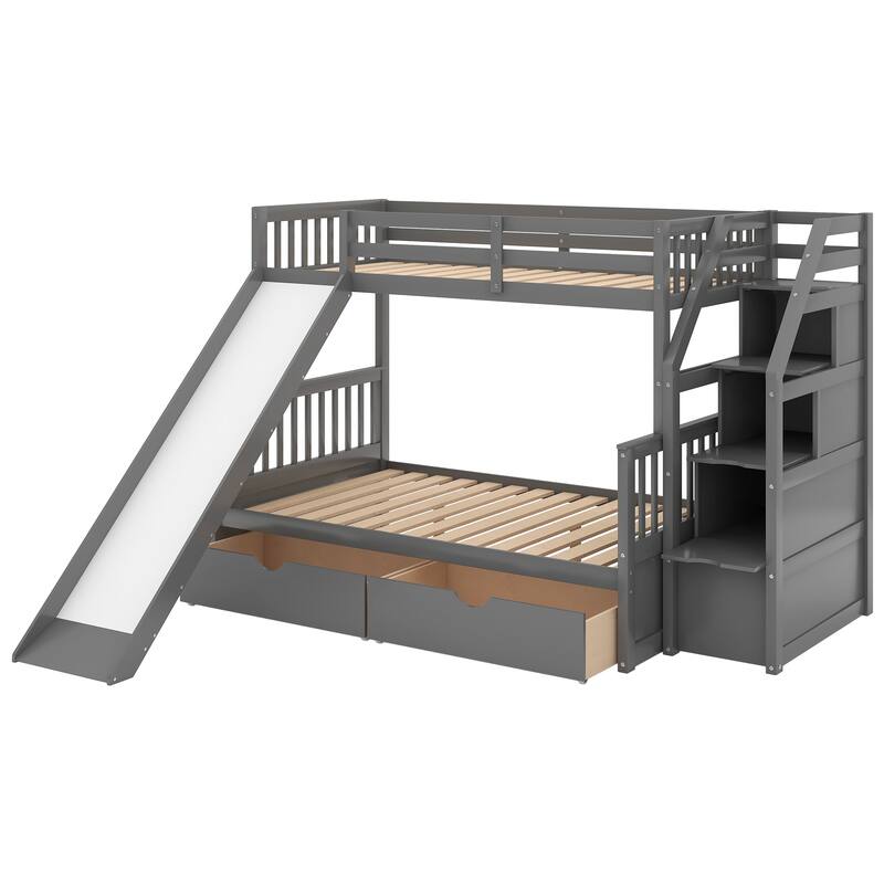 Twin Over Full Bunk Bed With Drawers,Storage And Slide, Multifunction