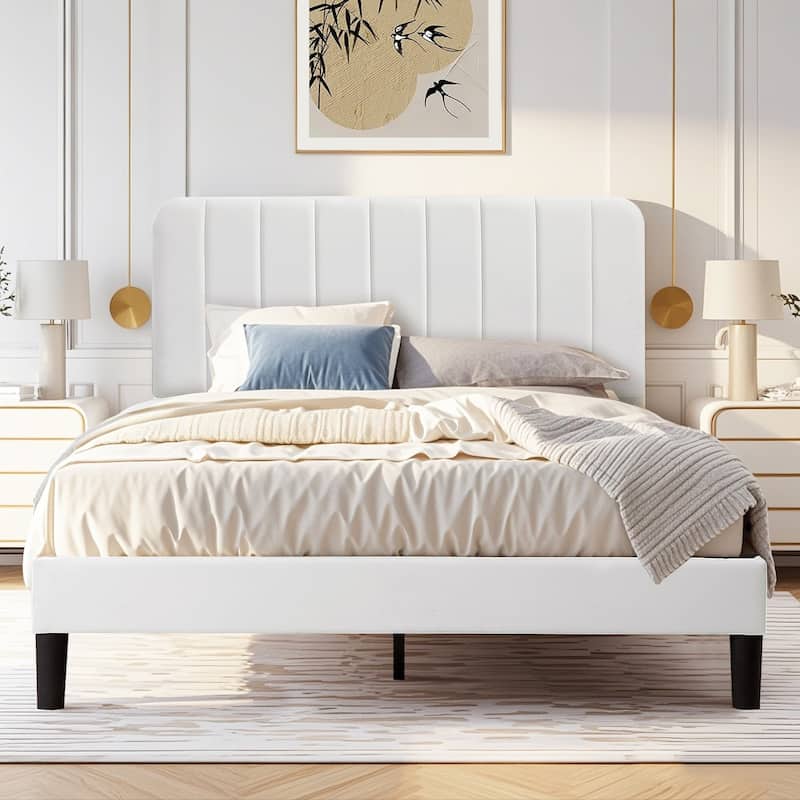 Javlergo Upholstered Adjustable Headboard Velvet Platform Bed Quiet Heavy-Duty Bed Frame No Box Spring Needed - White - Queen