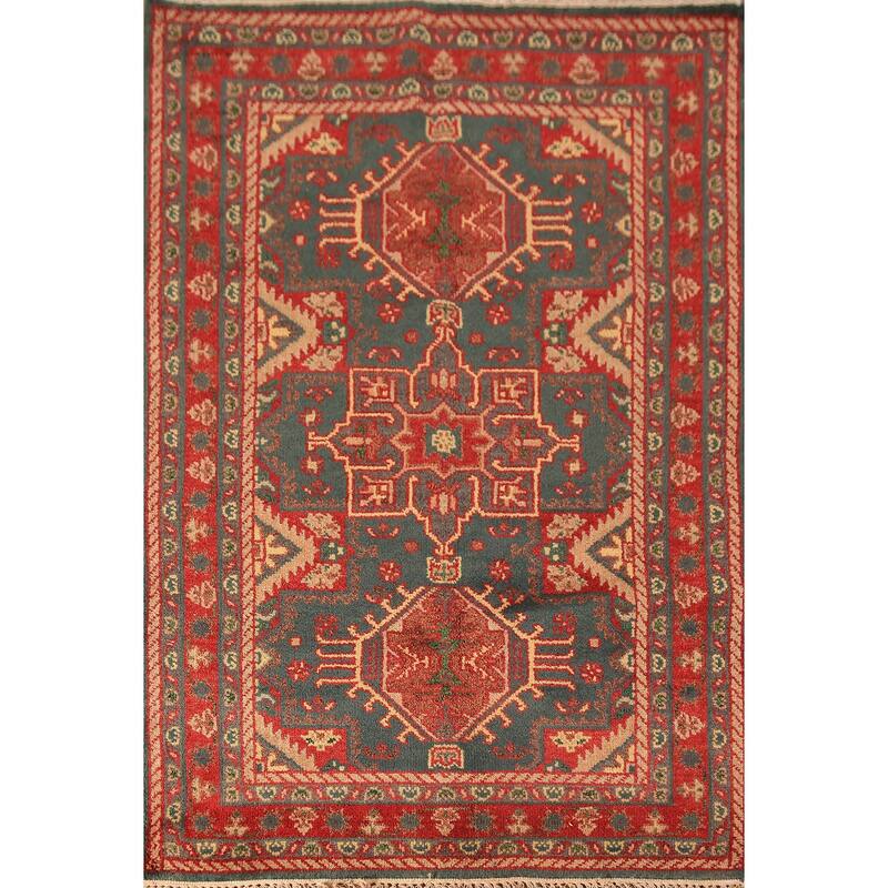 Teal Geometric Kazak Oriental Rug Hand-Knotted Wool Carpet - 4'0"x 6'0"