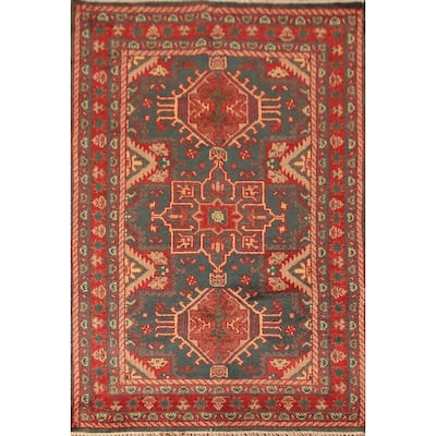 Teal Geometric Kazak Oriental Rug Hand-Knotted Wool Carpet - 4'0"x 6'0"