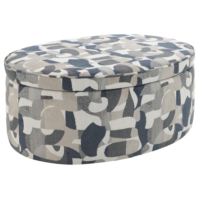 Kito Oval Accent Ottoman, 39 Inch, Hidden Storage, Patterned Fabric