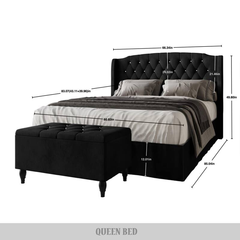 CraftPorch 2 Piece Bedroom Bench Set Velvet Wingback Upholstered Bed