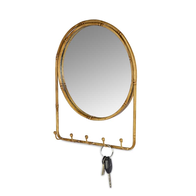 13.78 in H Bamboo Look Antique Brown Metal Wall Mirror with 5 Hooks