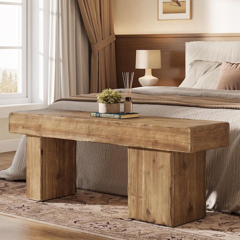 47" Thickened Solid Wood Bench, Rustic Farmhouse Entryway Bench with Artistic Legs - Brown