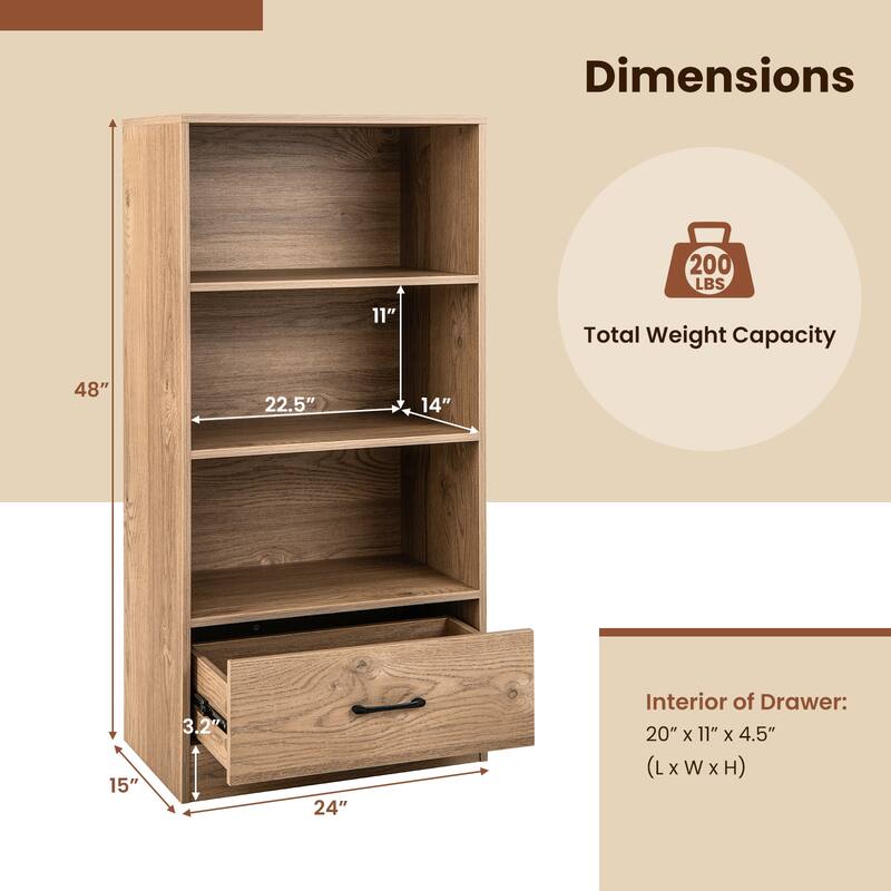 48 Inch Tall 4 Tiers Wood Bookcase with Drawer - 24" x 15" x 48"