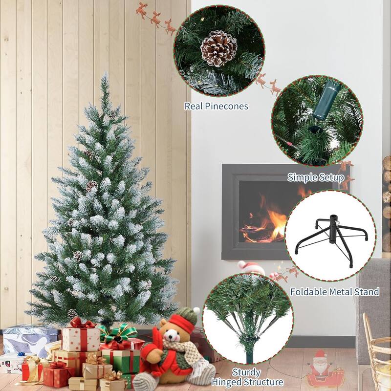 Christmas Tree, Pre-Lit 4.5 Ft Artificial Pine with LED Lights, Hinged Holiday Tree with Foldable Metal Base for Home