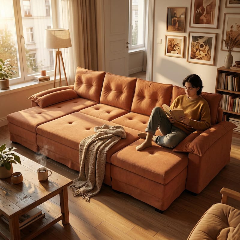 Homy Casa U Shaped Sleeper Sofa with Pull Out Bed USB Ports Convertible Sectional Couch with Chaise Lounge Beige Grey Orange