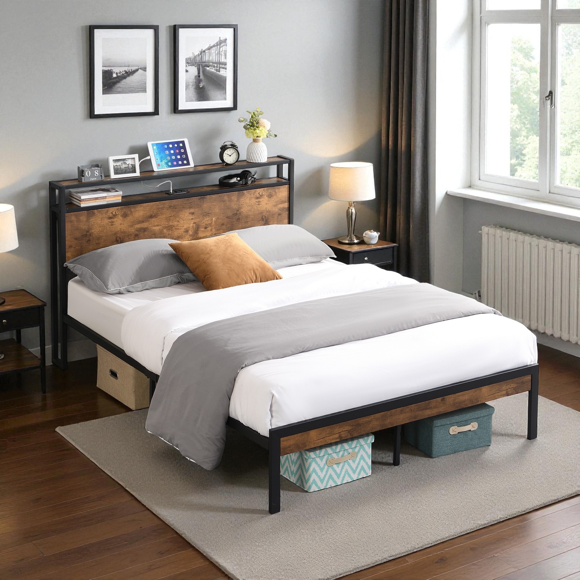 Full Size Metal Bed Frame with USB Port, Wood Headboard and Footboard, Platform Design with Under Bed Storage