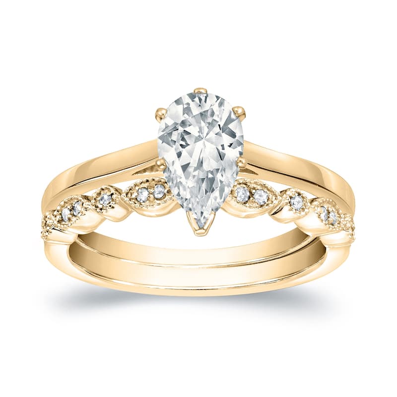 Auriya 14k Gold 3/4ctw Vintage Pear Shape Solitaire Diamond Engagement Ring Set - Yellow - 9