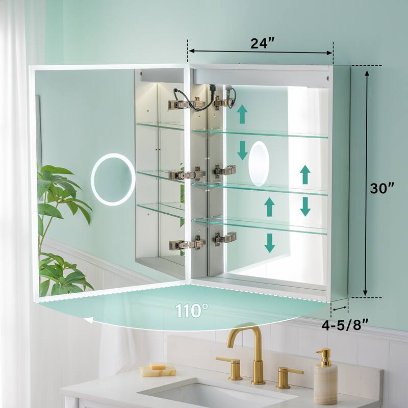 30'' H Recessed or Surface Frameless LED Mirror Cabinet With Defogger, Dimmer, Outlets & USB Ports 