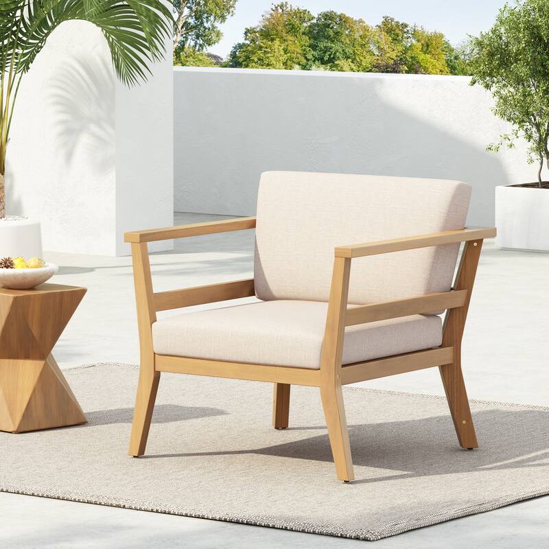 Scott Living - Marcellus Acacia Wood Outdoor Club Armchair with Cushion - 1 Piece - Light Teak + Beige Cushion