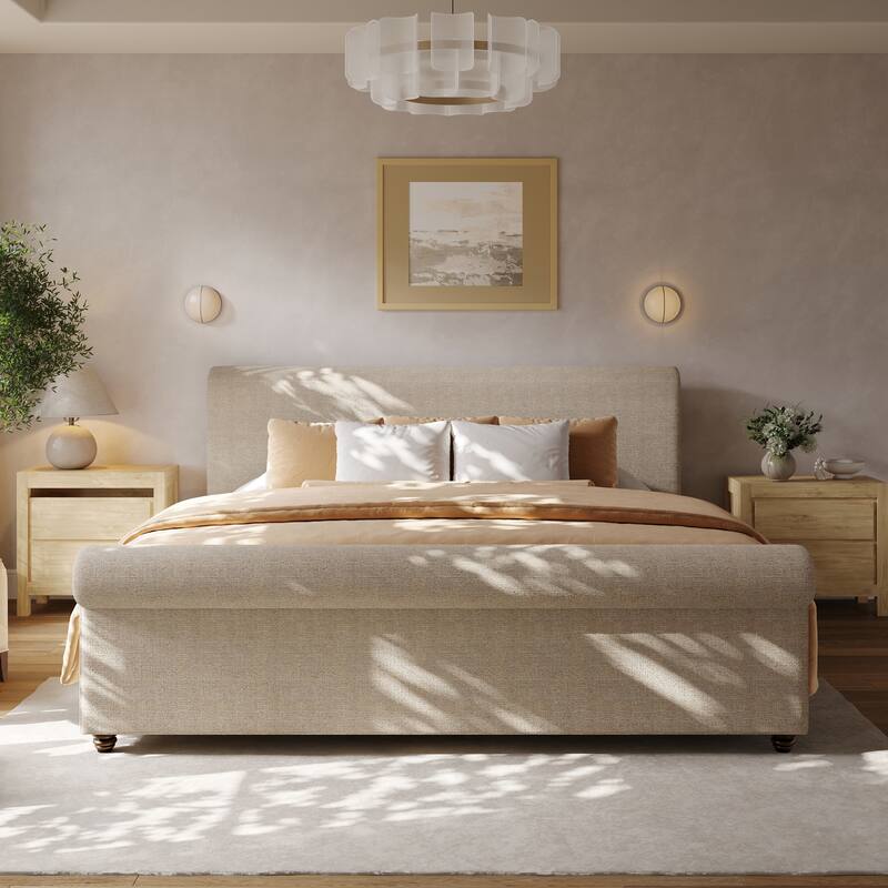 Christopher Knight Home - Modern Linen Upholstered Bed Frame with Solid Wood Legs and a Robust Headboard and Footboard