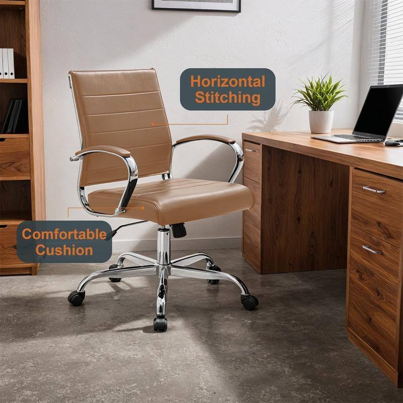Benmar Modern Leather Ribbed Executive Office Chair with Chrome Frame, Adjustable Height, 360° Swivel, and Rolling Casters