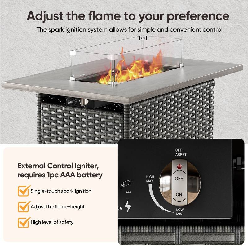 Outdoor Propane Fire Pit Table - 55000 BTU, Adjustable Flames with Wind Guard - Rectangle