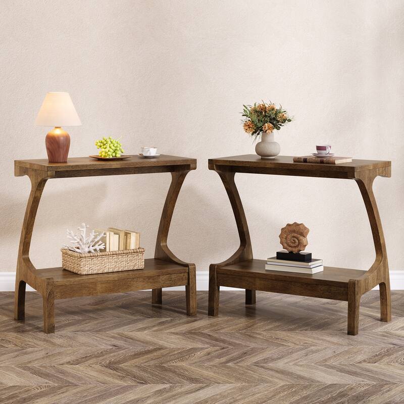 2-Tier Solid Wood End Table with Storage, Farmhouse Narrow Side Table for Living Room - 2-Piece