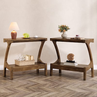2-Tier Solid Wood End Table with Storage, Farmhouse Narrow Side Table for Living Room