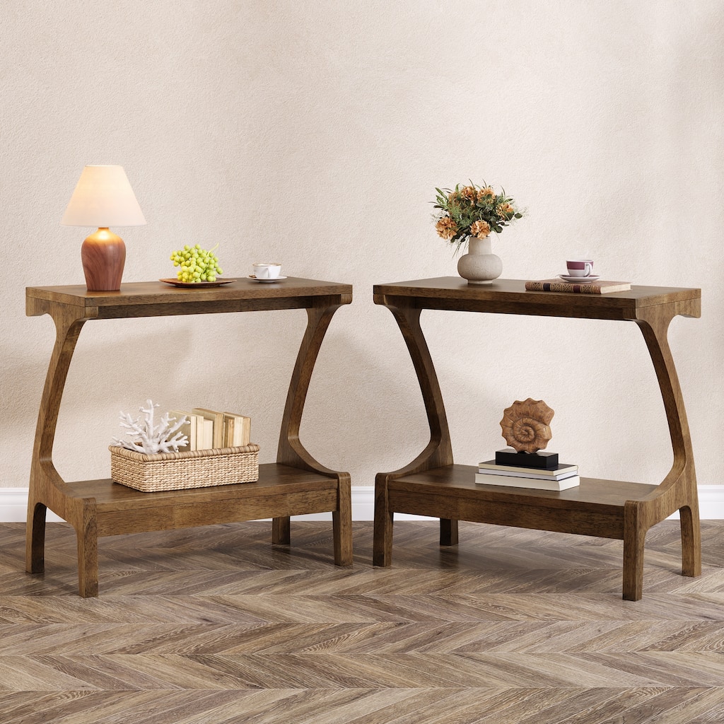 2-Tier Solid Wood End Table with Storage, Farmhouse Narrow Side Table for Living Room