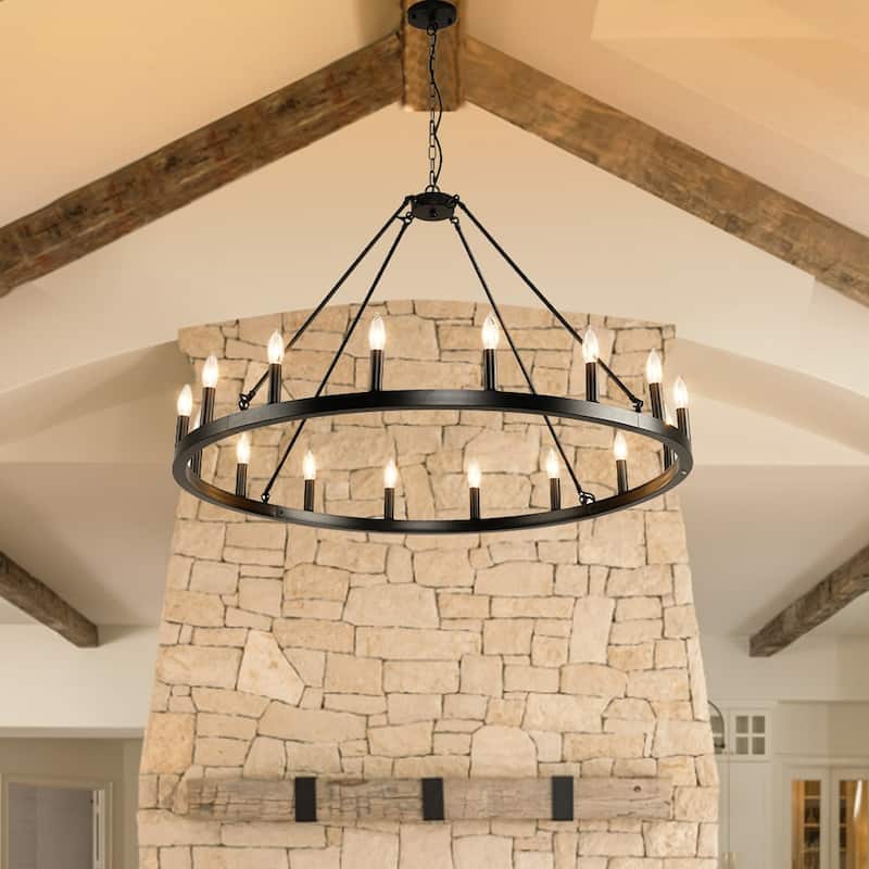 43-inch Farmhouse Black Wagon Wheel 16-Light Chandelier - N/A - Black