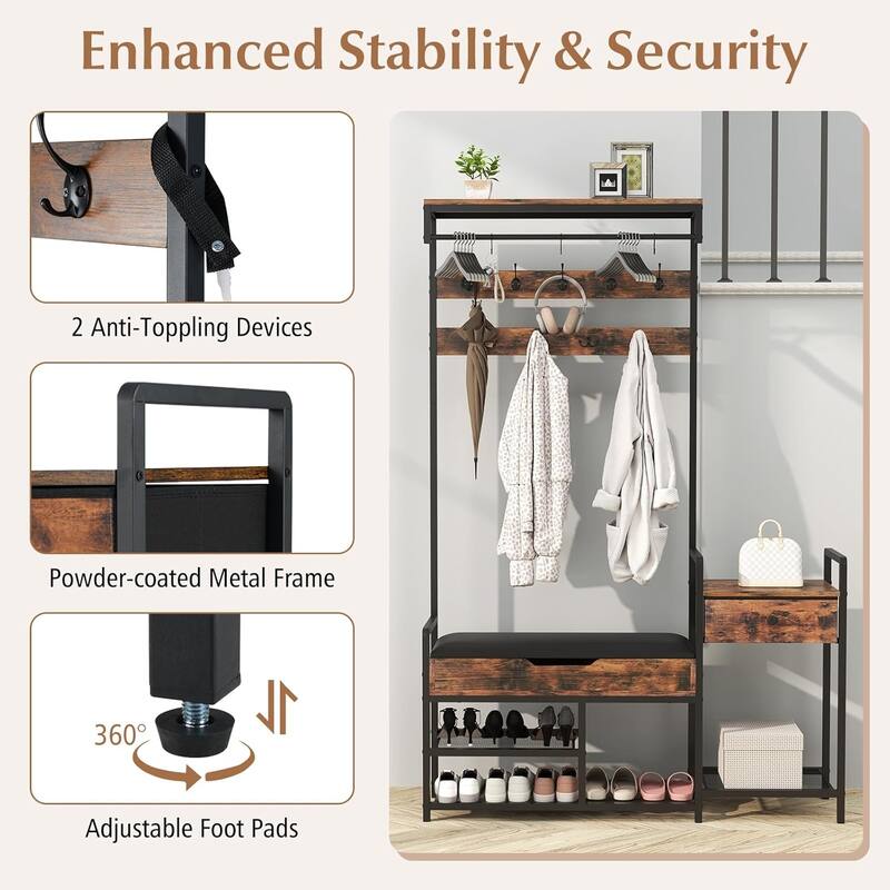 70" Freestanding Hall Tree Coat Rack with Shoe Storage Bench