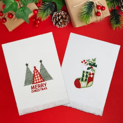 American Soft Linen, Christmas Tree&Socks Cotton White Hand Towel Set