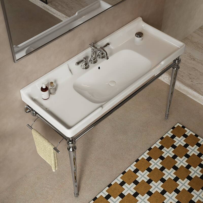 48" Wall-Mounted Bathroom Console Sink - Ceramic Vanity Basin with Stainless Steel Legs & Towel Bar