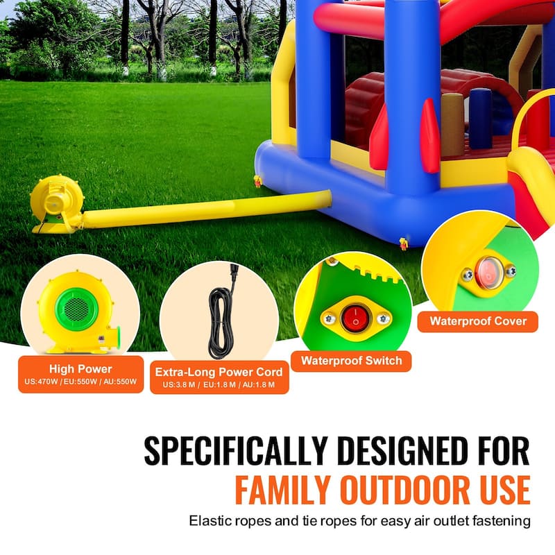 Inflatable Jumping Trampoline Bounce Playhouse with Blower Slide and Storage Bag Ideal for Kids - 160.6” x 94.5” x 96.5”