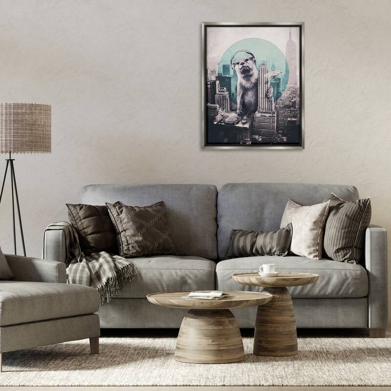 Stupell DJ Otter over Cityscape Framed Floater Canvas Wall Art Design By Ali Gulec