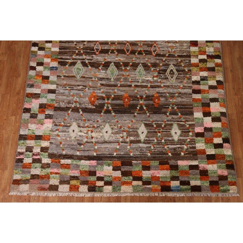 Hand Knotted Oriental 100% Wool Carpet Tribal Checkered Brown Moroccan Area Rug - 9' 10'' X 6' 10''