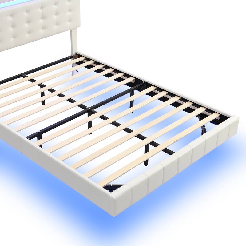 Floating Bed Frame with LED Lights and USB Charging Modern Upholstered Platform LED Bed Frame