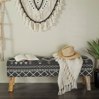Picture of Black Wood Upholstered Geometric Bench with Tapered Wooden Legs - Bed ...