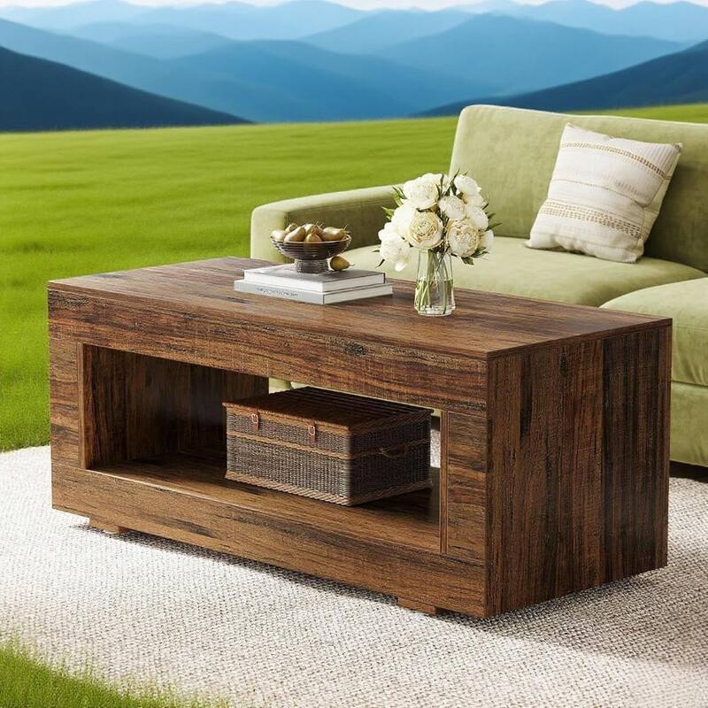 Brown Rectangular Coffee Table with Open Shelf and Smooth Wood Finish for Living Room or Office - 43.31" x 19.69"