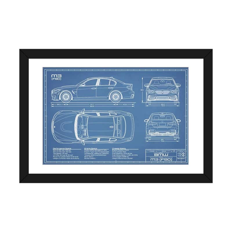iCanvas "BMW M3 (F80) Blueprint" by Action Blueprints - Black - 24x32x1