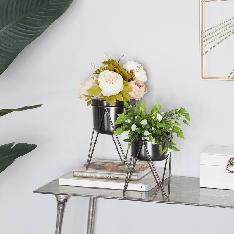 Metal Indoor Outdoor Planter with Removable Stand - Set of 2 Silver, Dark Gray, Gold - CosmoLiving by Cosmopolitan