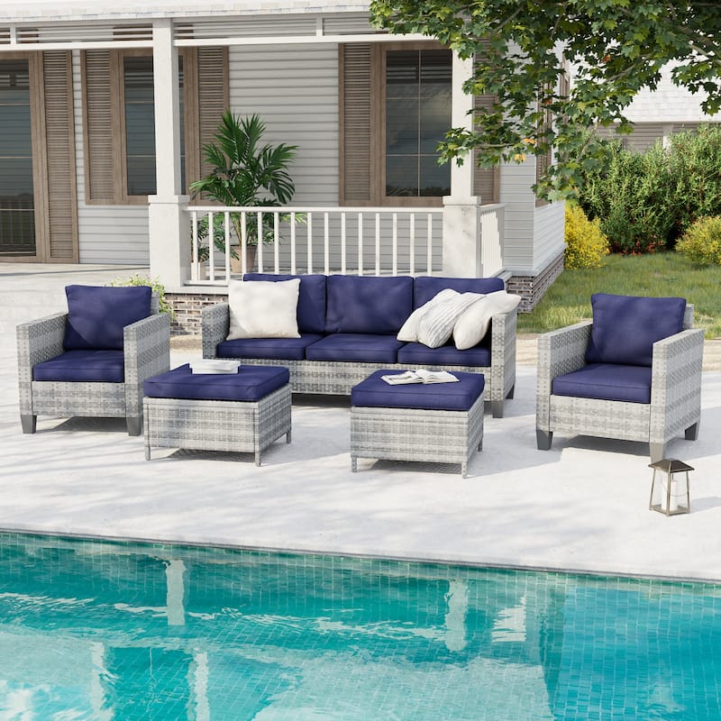 BONOSUKI 5-Piece Patio Sofa Sets Grey Rattan Outdoor Furniture Set - Navy Blue