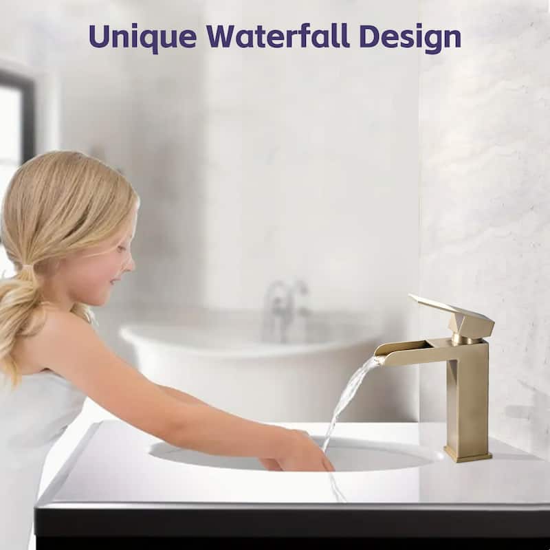 Modern Waterfall Single Handle Bathroom Sink Faucet with Overflow Pop Up Drain, Anti Corrosion and Rust Resistant