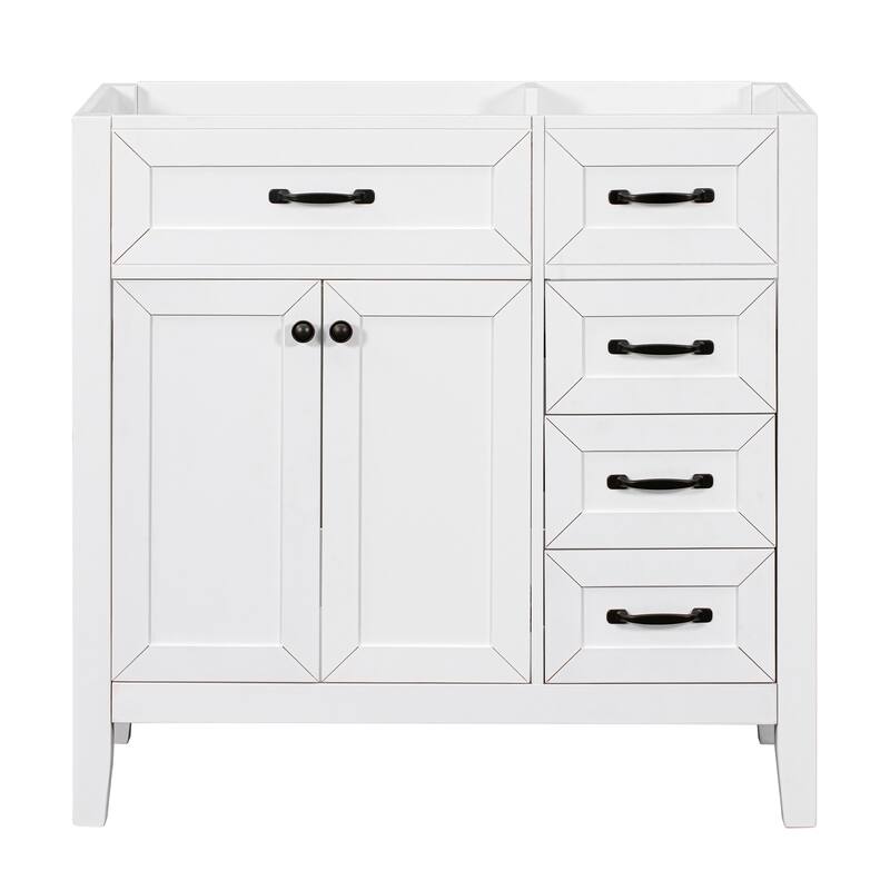 36" Modern White Bathroom Vanity Cabinet Base, 2 Doors & 3 Drawers, Solid Rubber Wood & MDF