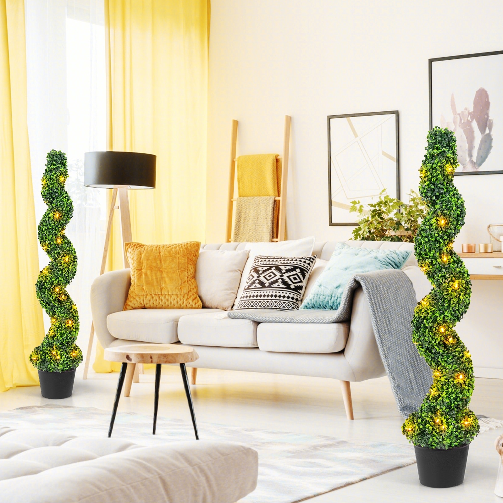 Pre-Lit Artificial Boxwood Spiral Topiary Tree Set of 2 with 100