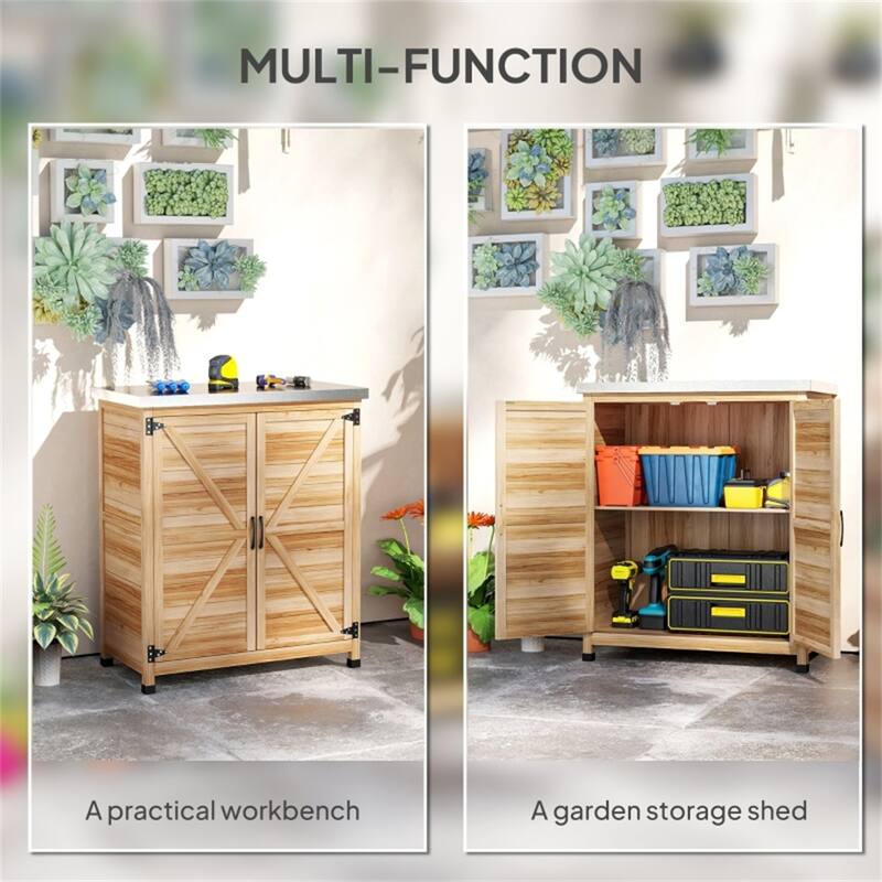 Fir Wood Garden Storage Bench with Galvanized Worktable - 31.1" W x 16.9" D x 36.2" H