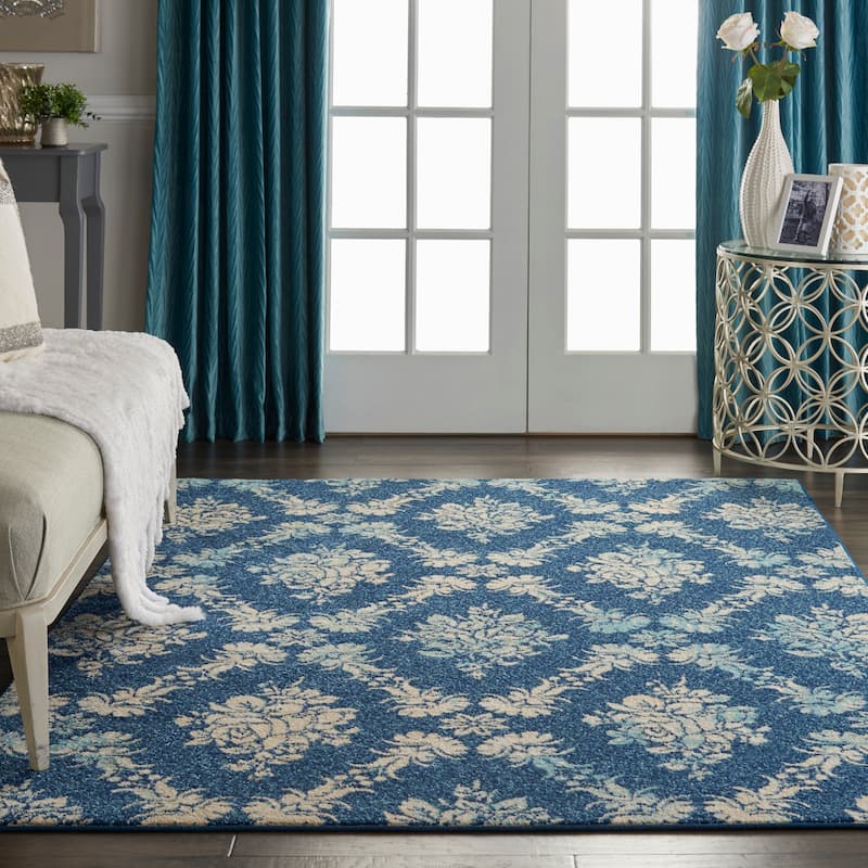 Nourison Tranquil French Country Floral Damask Area Rug - 5' 3" x 7' 3" - Navy/Multi - Runner/Rectangle