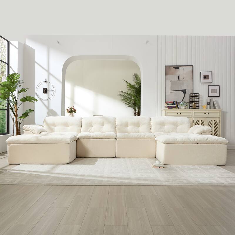 Modular Convertible Cushioned Sleeper Sofa Set - Beige(4 Seat+2 Ottoman)