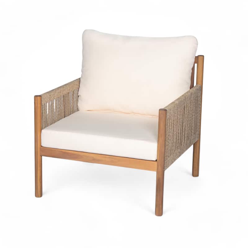 [Set of 2] Modern Outdoor Woven Lounge Chair with Solid Wood Frame and Comfortable Polyester Cushions