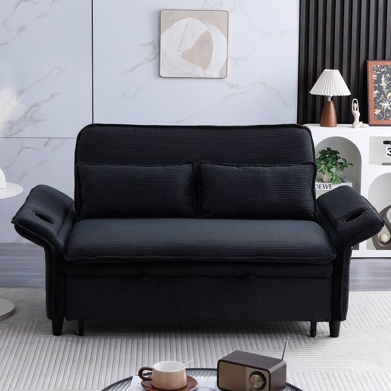 65.7" Corduroy Upholstered Pull-out Sofa With Cup Holder