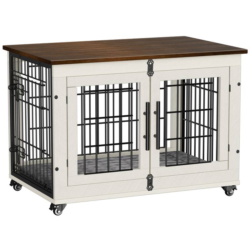 Dog Crate Indoor Heavy Duty Double Doors Wooden Dog Cage with Cushion
