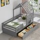 preview thumbnail 11 of 25, Wooden Slat Roof Platform Bed Guardrails House Bed Frame with 2 Storage Drawers, Kids Playhouse Bed Small Window & Shelves