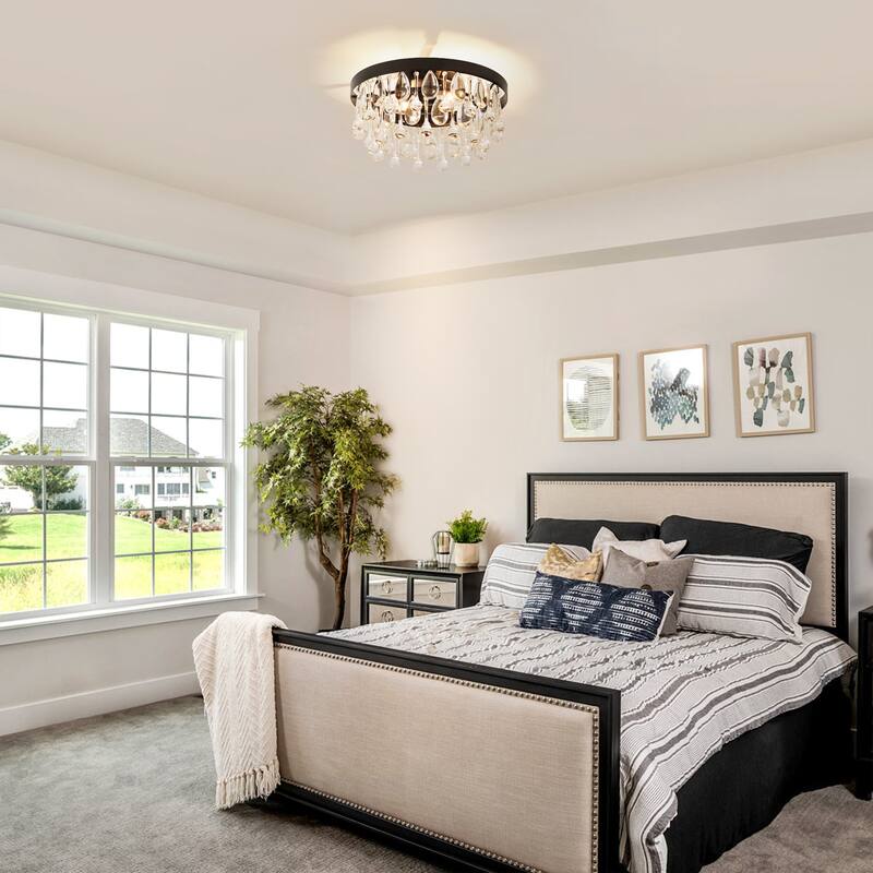 12" 2-Light Modern Chrome/Black Crystal Flush Mount Ceiling Light - Minimalist Crystal Drop Fixture for Bedroom