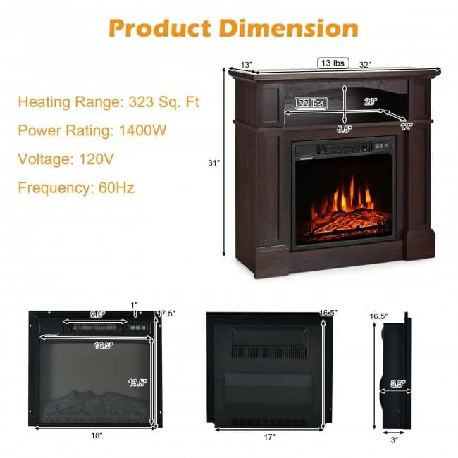 32 Inch 1400W Electric TV Stand Fireplace with Shelf - 13" x 32" x 31"(L x W x H)