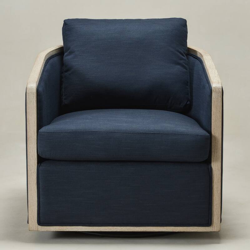 KINWELL 31"W Oak Frame Upholstered Swivel Barrel Armchair