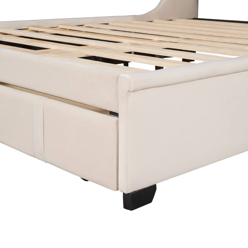 Velvet Upholstered Bed Platform Bed Frame Queen Size Wingback Bed with Tufted Headboard and Large Storage Drawer